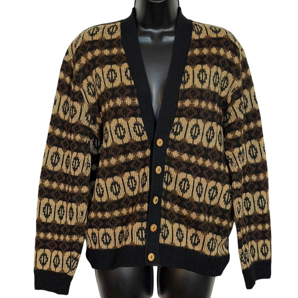 Vtg 80s Sabre Geometric Cardigan Sweater M Elbow Patches England Preppy Academia